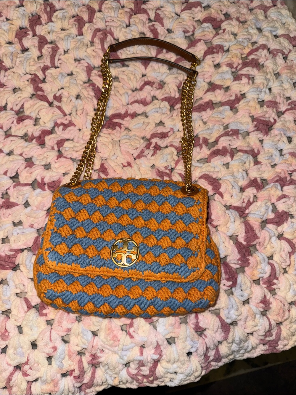 Tory Burch Blue and Orange Crochet Chain Shoulder Bag